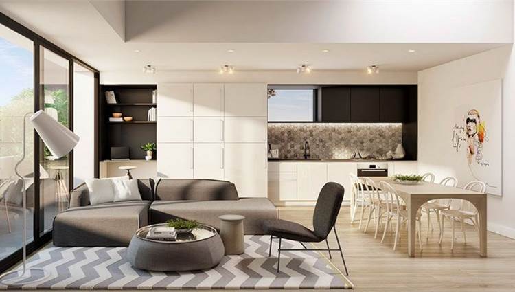 render sala con cucina a vista